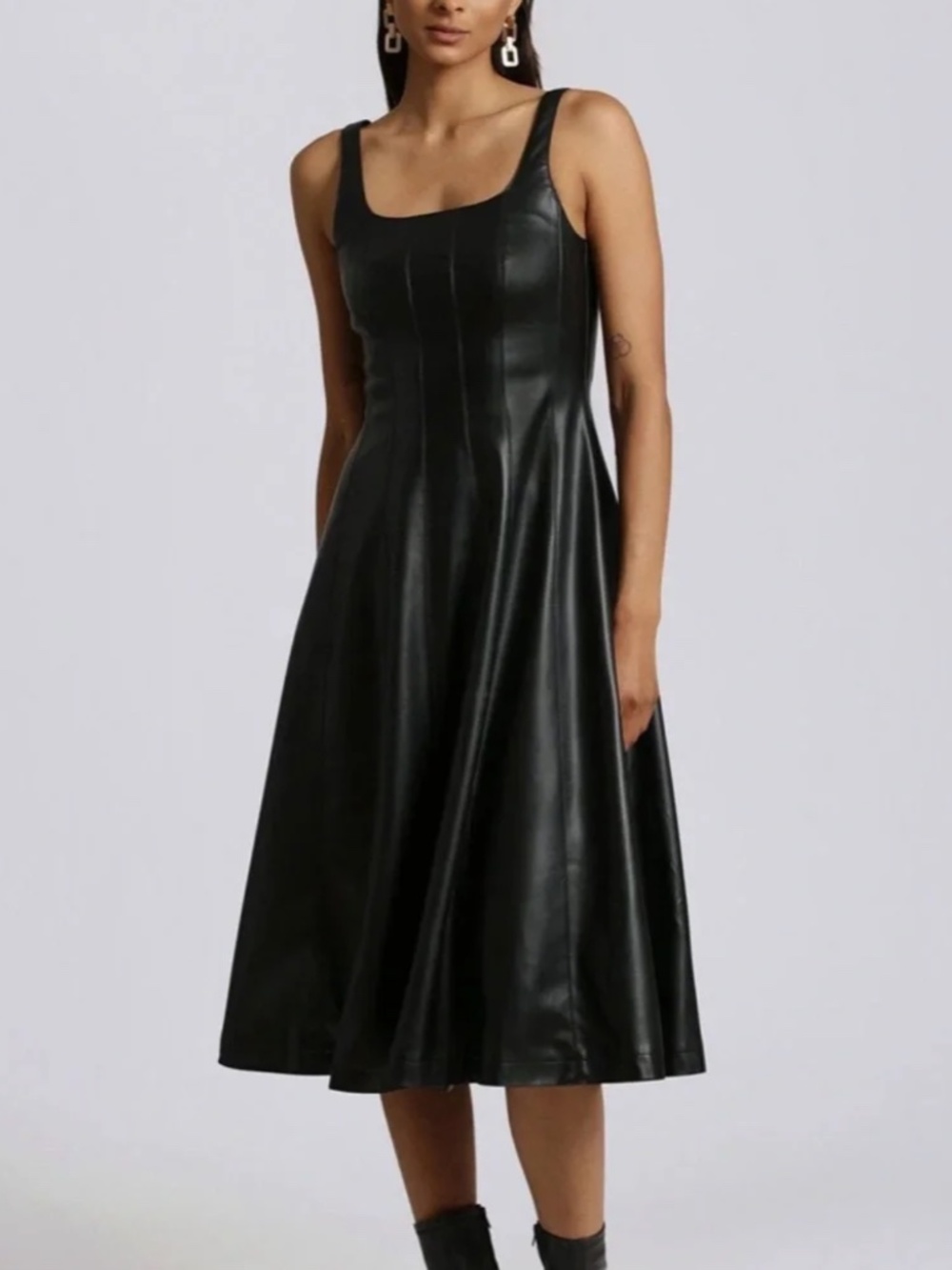 NWT Black Leather Fit & Flare Midi/Maxi Dress, 7 for all Mankind | XS